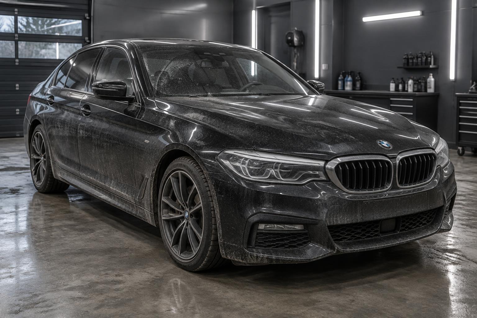 Schwarze Limousine vor der professionellen Aufbereitung